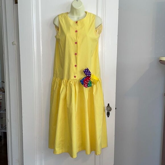 Vtg 80s Sweet Bonnie Sue yellow drop waist dress with multi colored  bow - Picture 1 of 9